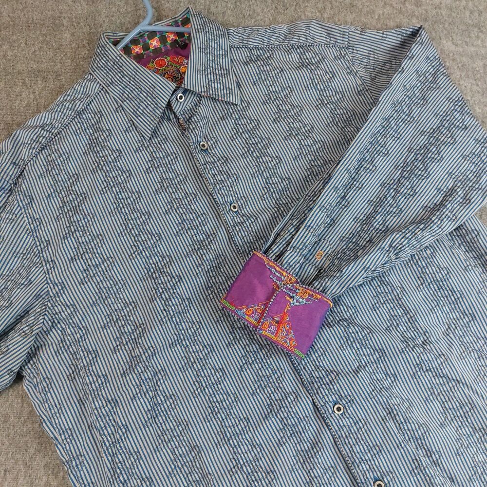 Robert Graham Button Up Shirt Men's XL Blue Striped Paisley Flip Cuff